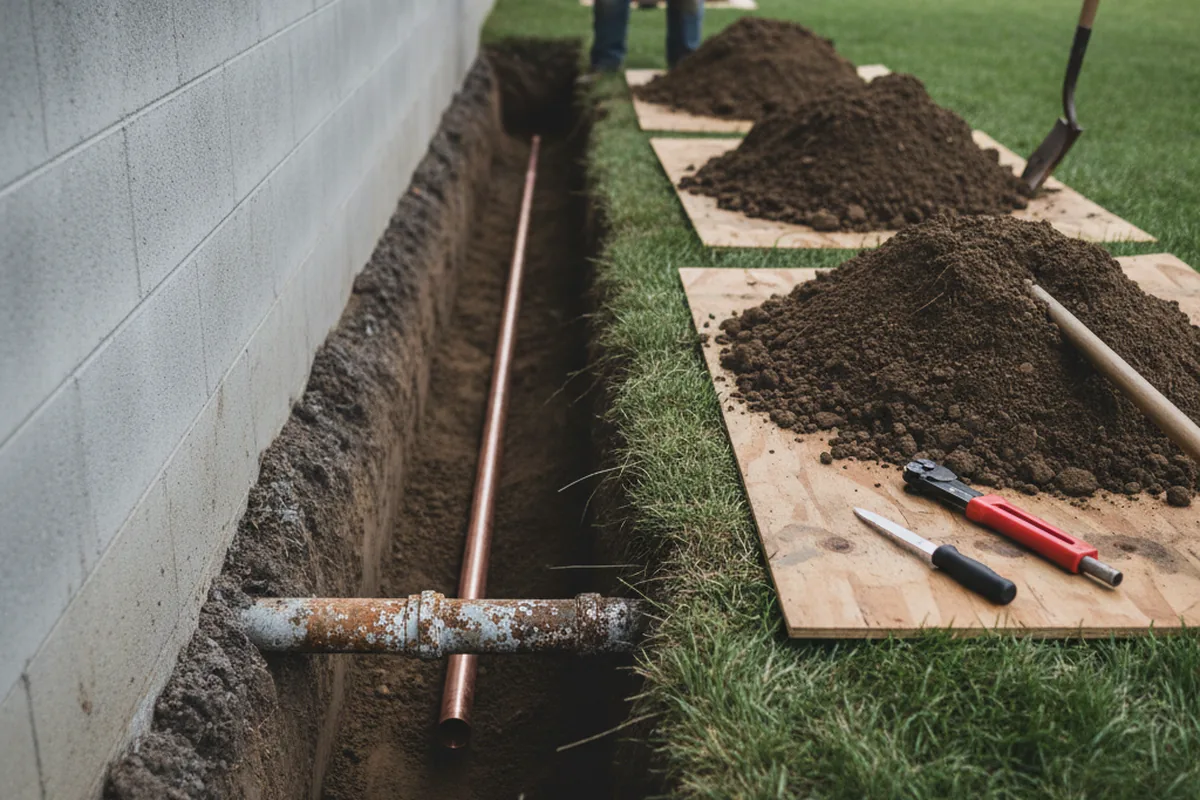 Excavated water line trench during Water Heater Repair in Loon Lake
